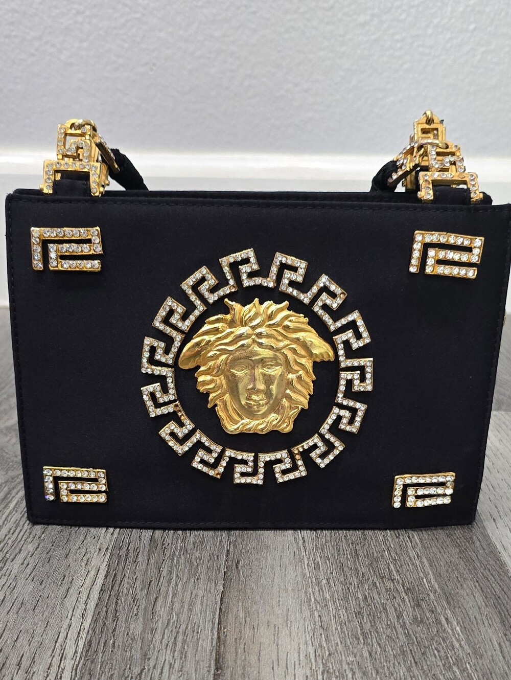 Rare Vintage 1992 Gianni Versace Couture Black Satin Rhinestone Medusa Bag